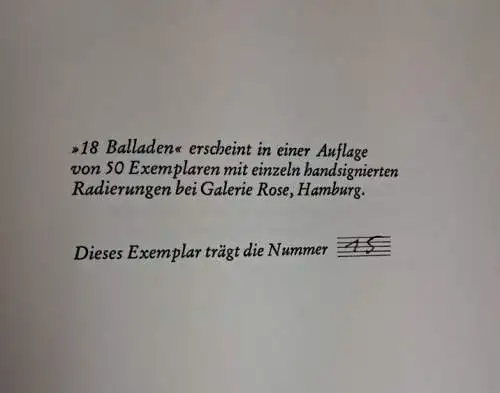 Buch: 18 Balladen, Jan Huber, 1997, Galerie Rose, mit signierten Radierungen