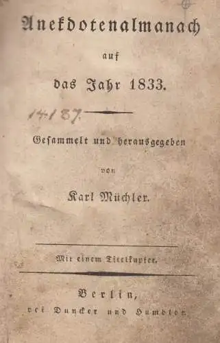 Buch: Anekdotenalmanach auf das Jahr 1833, Müchler, Karl. Anekdotenalmanach