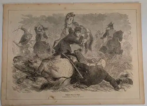 Holzstich: Blüchers Sturz bei Ligny, Daheim, Grafik, Georg Bleibtreu, 1865