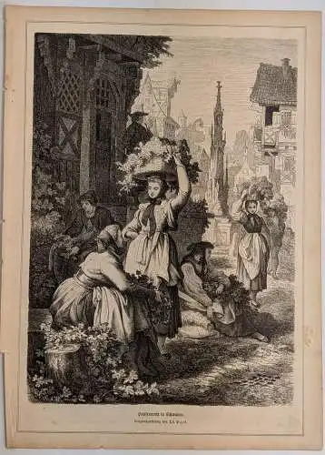 Holzstich: Hopfenernte in Schwaben, Daheim, Grafik, Repro, Th. Piris, 1865
