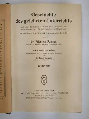 Buch: Geschichte des gelehrten Unterrichts. Friedrich Paulsen, 1919/21, Veit