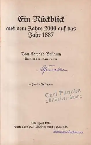 Buch: Ein Rückblick aus dem Jahre 2000 auf das Jahr 1887, Bellamy, 1914, Dietz