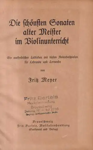 Buch: Die schönsten Sonaten alter Meister im Violinunterricht, F. Meyer, Barthel