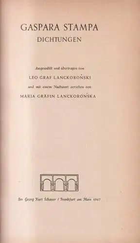 Buch: Dichtungen, Gaspara Stampa, 1947, Georg Kurt Schauer, gebraucht, gut
