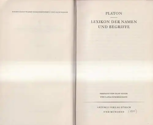Buch: Platon - Lexikon der Namen und Begriffe, Gigon / Zimmermann, 1975, Artemis