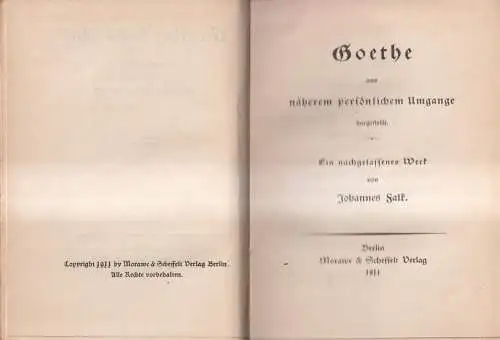 Buch: Goethe aus näherem persönlichen Umgange dargestellt. Johannes Falk, 1911