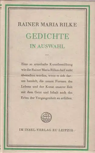 Buch: Gedichte in Auswahl, Rilke, Rainer Maria. 1953, Insel-Verlag