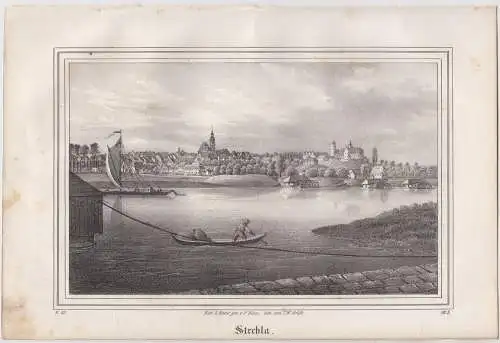 Lithografie: Strehla, Grafik, Ansicht, Eduard Pietzsch & Comp, um 1836, Saxonia