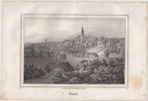 Lithografie: Treuen, Grafik, Ansicht, Eduard Pietzsch & Comp, um 1836, Saxonia