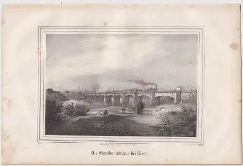 Lithografie: Die Eisenbahnbrücke bei Riesa, Eduard Pietzsch, um 1836, Saxonia
