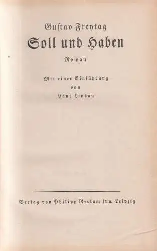 Buch: Soll und Haben. 1. und 2. Buch, Freytag, Gustav, o. J., Philipp Reclam jun