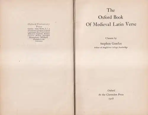 Buch: The Oxford Book Of Medieval Latin Verse, Stephen Gaselee, 1928, Clarendon