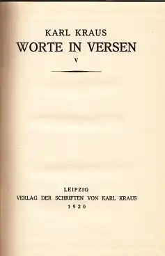 Buch: Worte in Versen V, Kraus, Karl. 1920, Verlag der Schriften von Karl Kraus