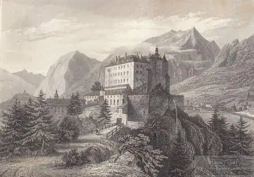 Schloss Ambras in Tyrol. aus Meyers Universum, Stahlstich. Kunstgrafik, 1850