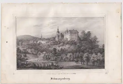 Lithografie: Schwarzenberg, Grafik, Ansicht, 1836, Eduard Pietzsch, Saxonia