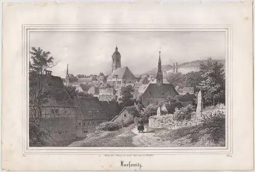 Lithografie: Loesnitz, Grafik, Ansicht, 1836, Eduard Pietzsch, Saxonia, Müller