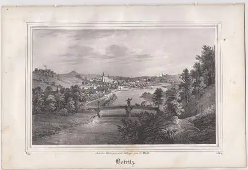 Lithografie: Ostritz, Grafik, Ansicht, um 1836, Eduard Pietzsch, Saxonia