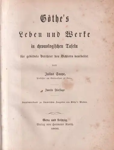 Buch: Göthe's Leben und Werke in chronologischen Tafeln, J. Saupe, 1866, Kanitz
