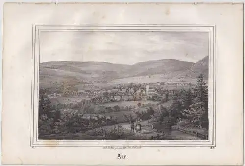 Lithografie: Aue, Grafik, Ansicht, um 1836, Saxonia, Eduard Pitzsch, Sachsen