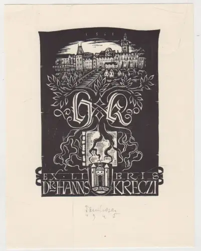 Original Grafik Exlibris für Dr. Hanns Kreczi von Toni Hofer, 1945, signiert