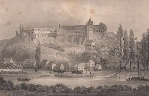 Lithografie: Wettin, Ansicht, Eduard Pietzsch & Comp, um 1836, Saxonia, Grafik