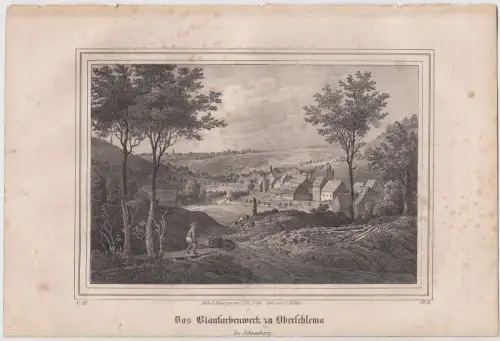 Lithografie: Das Blaufarbenwerk zu Oberschlema, Pietzsch, 1836, Saxonia, Grafik