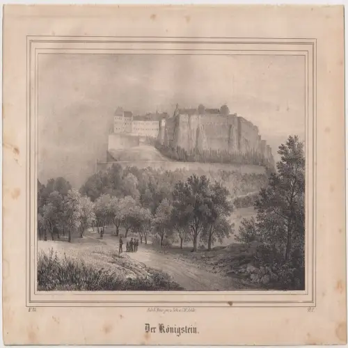 Lithografie: Der Königsstein, Ansicht, Eduard Pietzsch, um 1836, Saxonia, Grafik