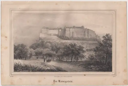 Lithografie: Der Königsstein, Ansicht, Eduard Pietzsch, um 1836, Saxonia, Grafik