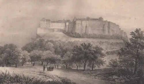 Lithografie: Der Königsstein, Ansicht, Eduard Pietzsch, um 1836, Saxonia, Grafik