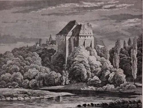 Stahlstich: Döben, Meyers Universum, um 1842, Grafik, Ansicht, Grimma, Sachsen