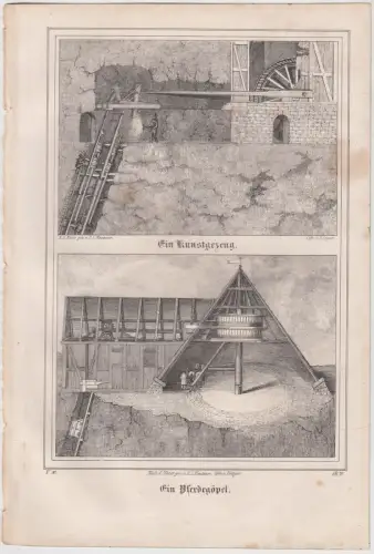 Ein Kunstgezeug & Ein Pferdegöpel, Böttger, nach Meutzner, 1840, Saxonia, Litho