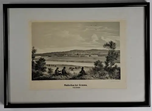 Lithografie: Nimbschen bei Grimma, von Osten, Weibezahl, Werl, um 1840, Fritzsch