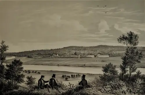 Lithografie: Nimbschen bei Grimma, von Osten, Weibezahl, Werl, um 1840, Fritzsch