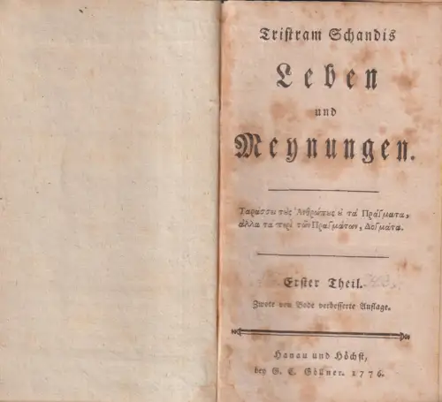 Buch: Tristram Schandis Leben und Meynungen, Sterne, Laurence. 2 Bände, 1776/77