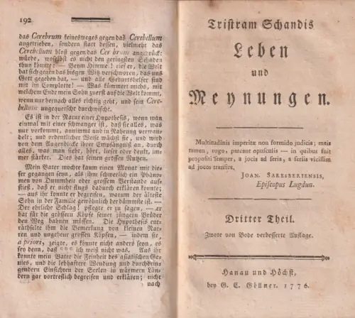 Buch: Tristram Schandis Leben und Meynungen, Sterne, Laurence. 2 Bände, 1776/77