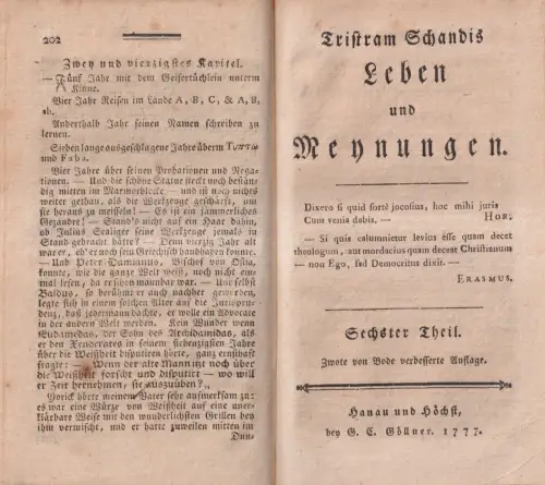 Buch: Tristram Schandis Leben und Meynungen, Sterne, Laurence. 2 Bände, 1776/77