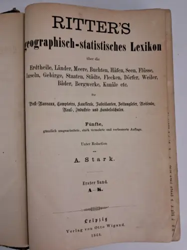 Buch: Ritters Geographisch-Statistisches Lexikon, A. Stark, 1864, Wigand, 2 Bde