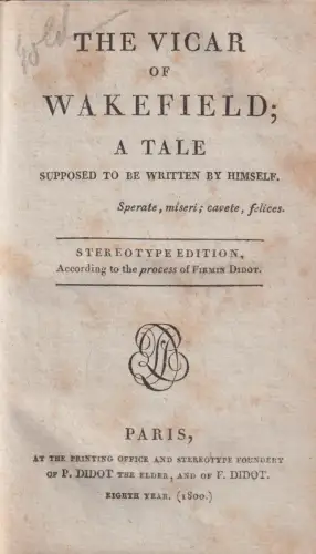 Buch: The Vicar of Wakefield, Goldsmith, Oliver, 1800, Didot, Paris, englisch