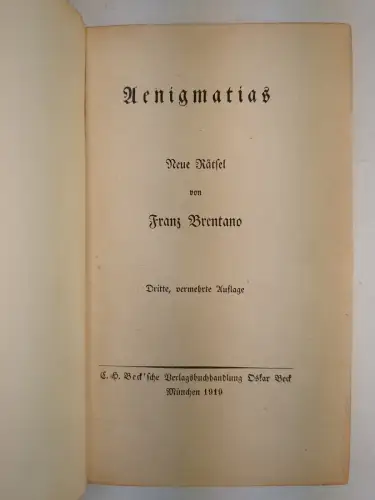 Buch: Aenigmatias - Neue Rätsel, Brentano, Franz, 1919, Verlag C. H. Beck
