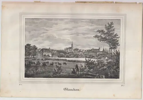 Lithografie: Glauchau, 1836, Eduard Pietzsch & Comp., Saxonia, Stadtansicht