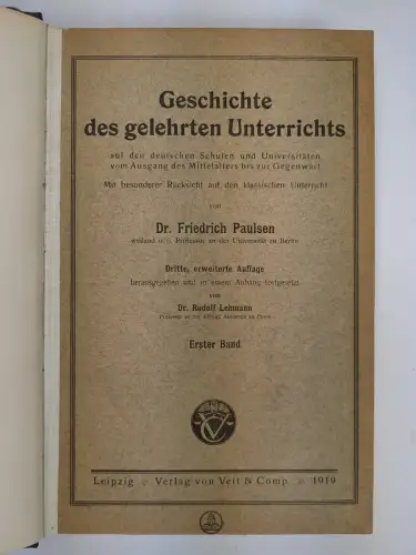 Buch: Geschichte des gelehrten Unterrichts. Friedrich Paulsen, 1919/21, Veit