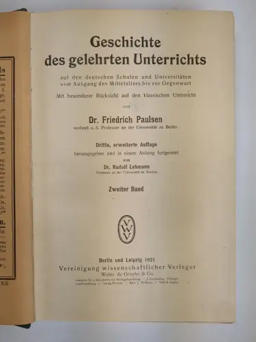 Buch: Geschichte des gelehrten Unterrichts. Friedrich Paulsen, 1919/21, Veit