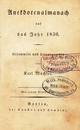 Buch: Anekdotenalmanach auf das Jahr 1830, Müchler, Karl. Anekdotenalmanach