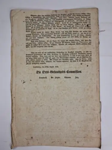 Faltblatt: Anweisung zur Erhaltung der Gesundheit ... bei Cholera-Epidemie, 1831