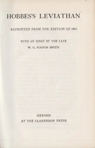 Buch: Leviathan, Thomas Hobbes, 1958, Clarendon Press, Oxford, englischsprachig