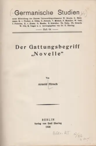 Buch: Der Gattungsbegriff Novelle, Arnold Hirsch, 1928, Emil Ebering Verlag