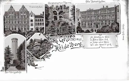 AK Gruss aus Heidelberg. Friedrichsbau. Der Königstuhl. Lithografie. ca. 1905
