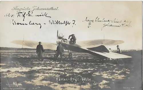 AK Flugplatz Johannisthal. Harlan-Pfeil-Taube. ca. 1915, Luftfahrt, gut
