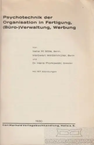 Buch: Psychotechnik der Organisation in Fertigung, (Büro-) Verwaltung... Witte