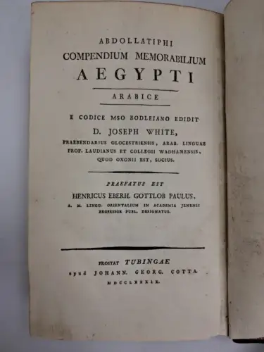 Buch: Abdollatiphi Compendium Memorabilium Aegypti Arabice, White, 1789, Cotta